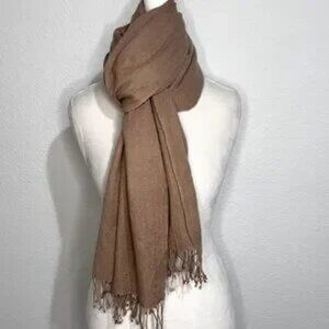 Camel Tan Wool Silk Blend Scarf Twisted Fringe Unisex